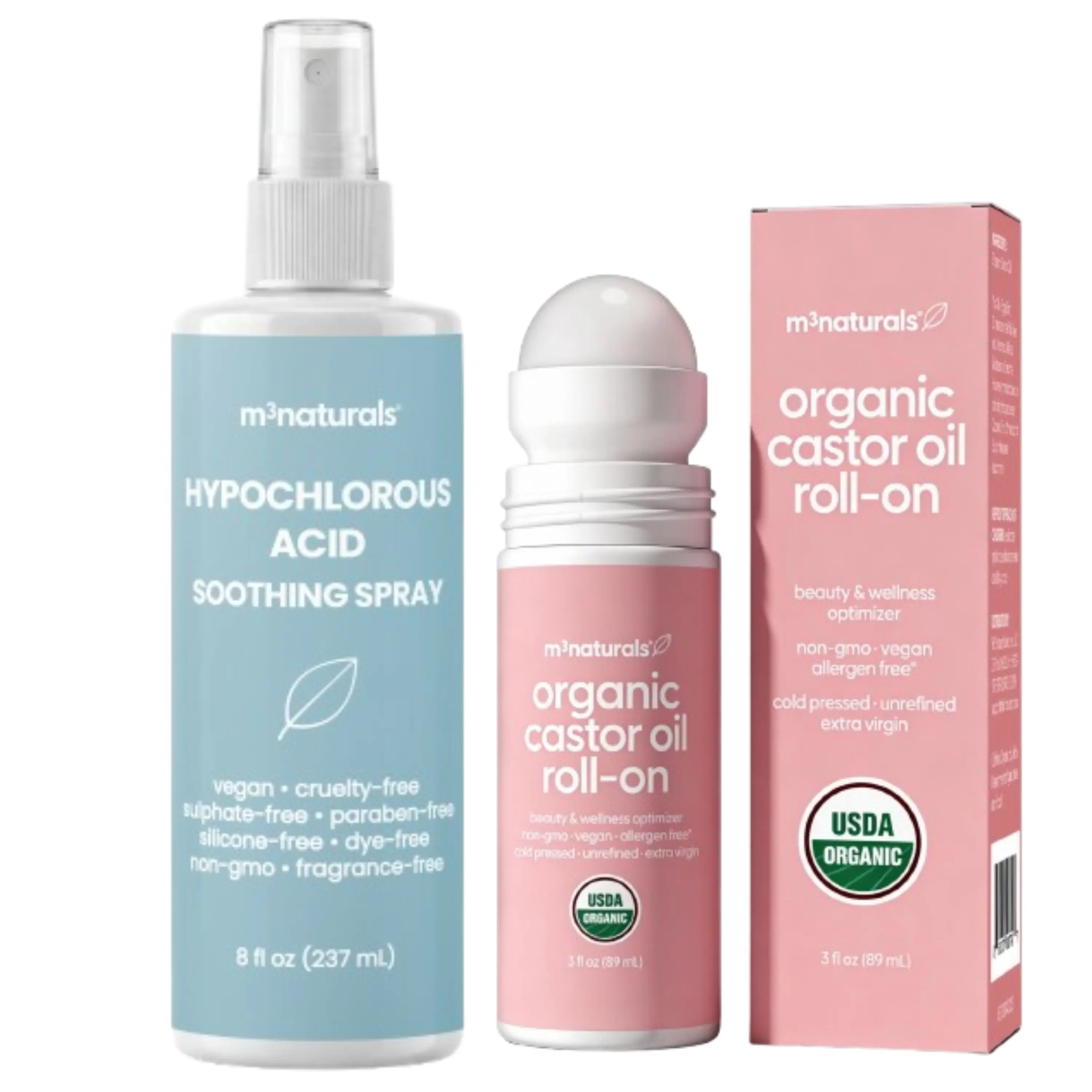 M3 Naturals Skin Hydration Duo Hypochlorous Acid Face & Body Spray and Organic Castor Oil Roll-On | Gentle Skin Refresh, Deep Moisture, Hair & Brow Care, Sensitive Skin Friendly Beauty Bundle