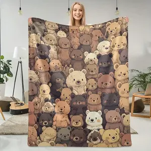 1pc Crowd Of Multicolored Bears In Playful Pattern Flannel Blanket,Comfortable And Casual Blanket,Made Of Soft Flannel Fabric.