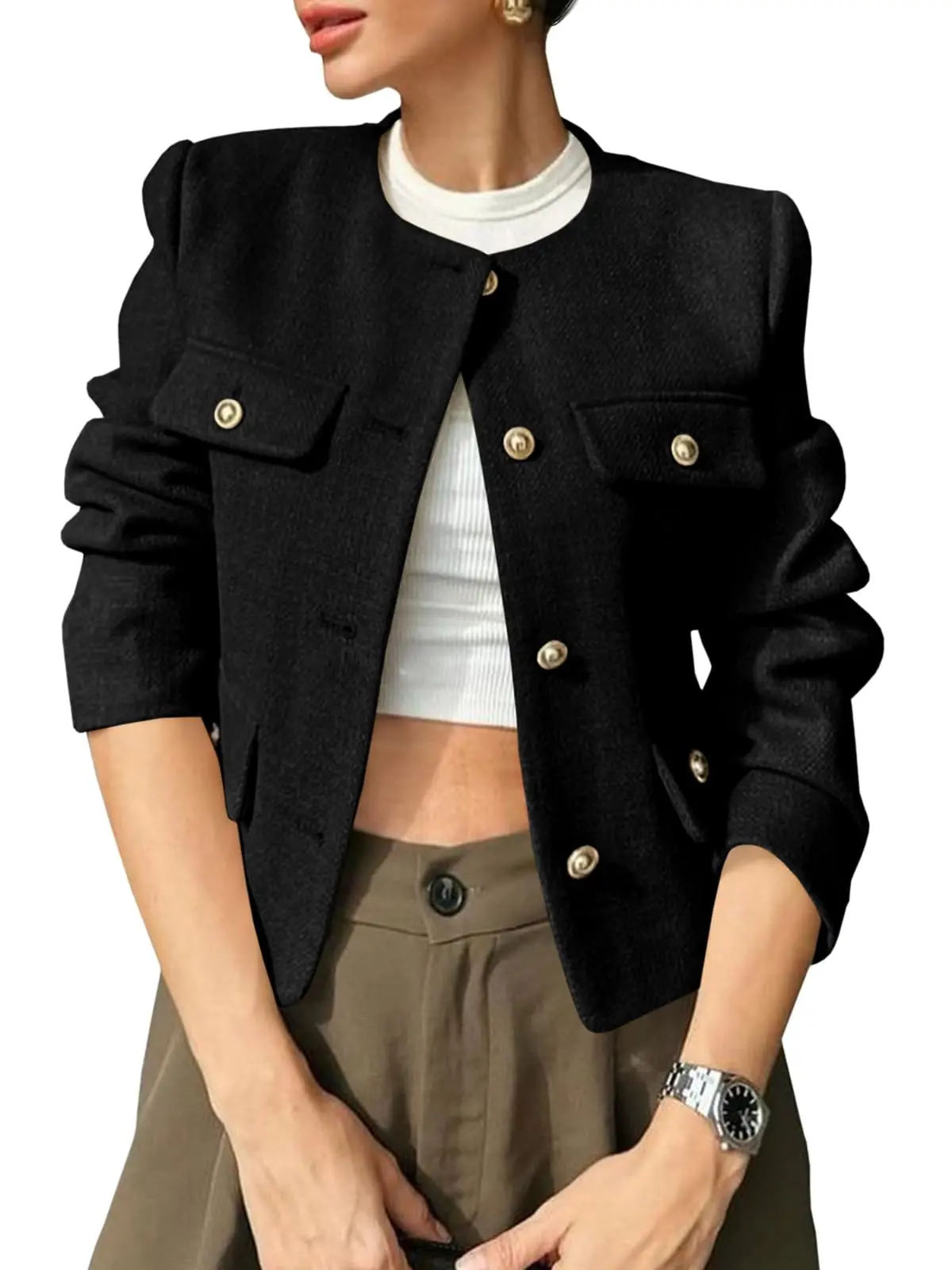 Arssm Womens Cropped Tweed Blazers Jacket Collarless Button Down Business Casual Winter Coats 2026 Spring
