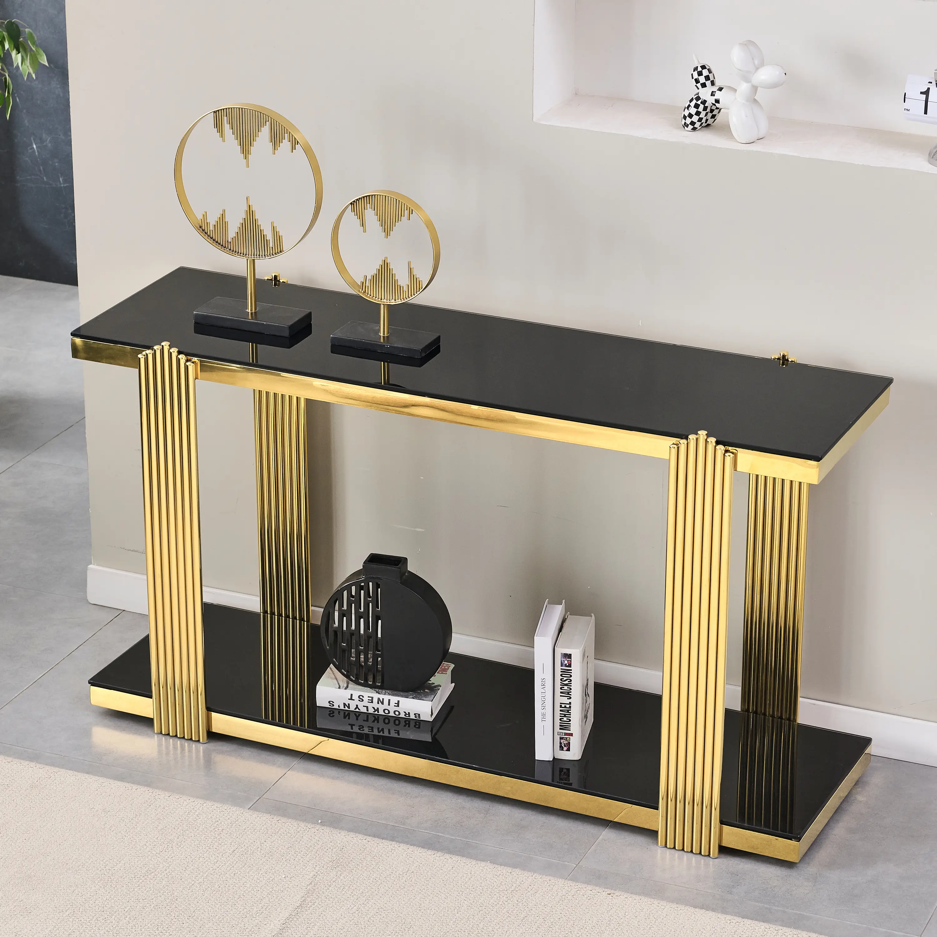 55'' Glam Mirrored Console Table with Gold & Black Modern Accent Entryway Table with Double Tier Storage Design, Luxury Reflective Surface Decor Piece, Practical Home Organizer Ideal for Foyer, Hallway, Living Room and Indoor Home Decor Usage