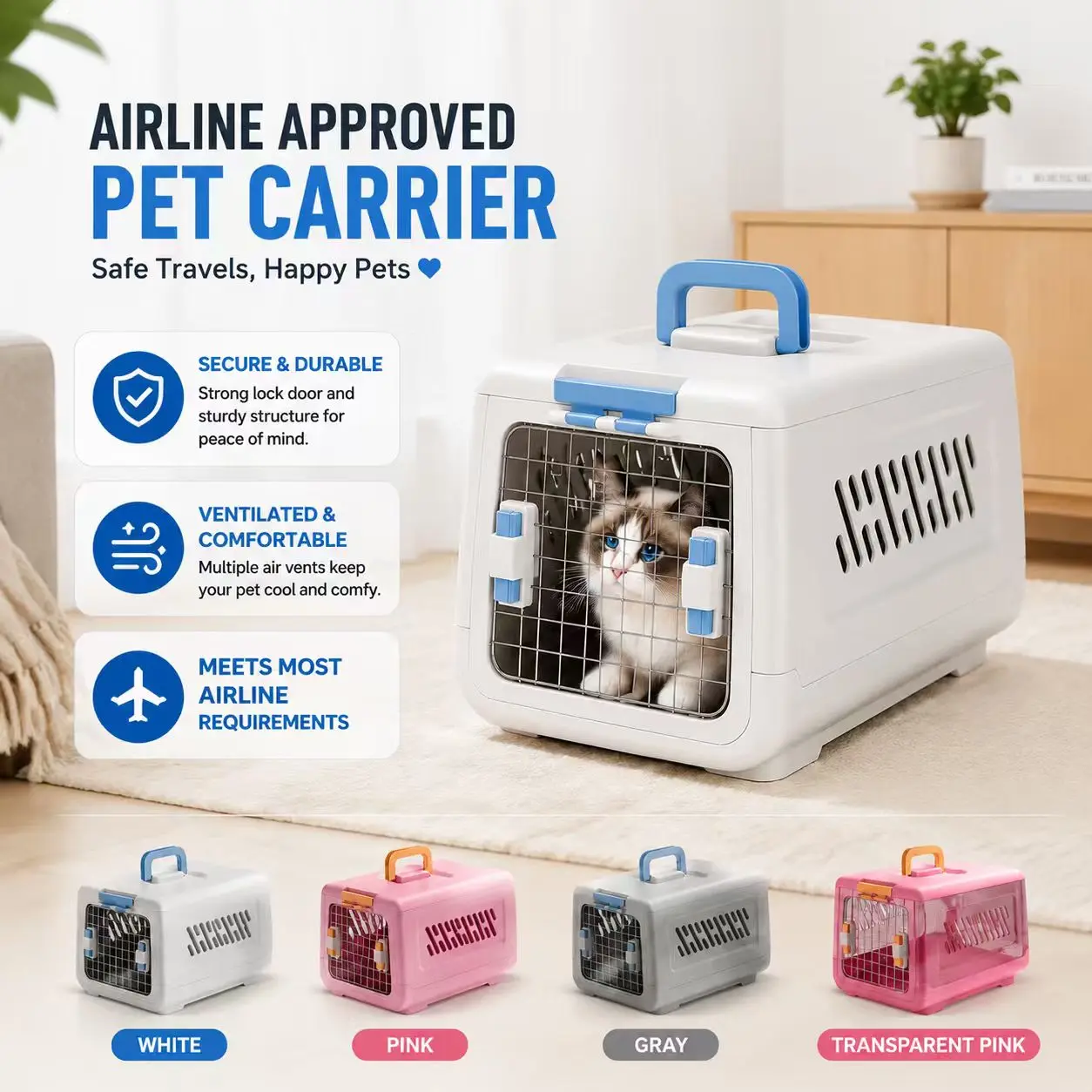 Airline Approved Cat Carrier | Portable Pet Travel Crate with Ventilation & Secure Lock | Comfortable Cat Kennel for Car Trips, Vet Visits & Home Use