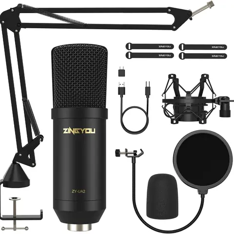 ZINGYOU USB Condenser Microphone, 96KHz/24Bit Plug & Play Cardioid Computer Mic Kit for PC Recording, Gaming, Live Streaming, Voice Over, YouTube, Twitch,with Upgraded Boom Arm, ZY-UA2