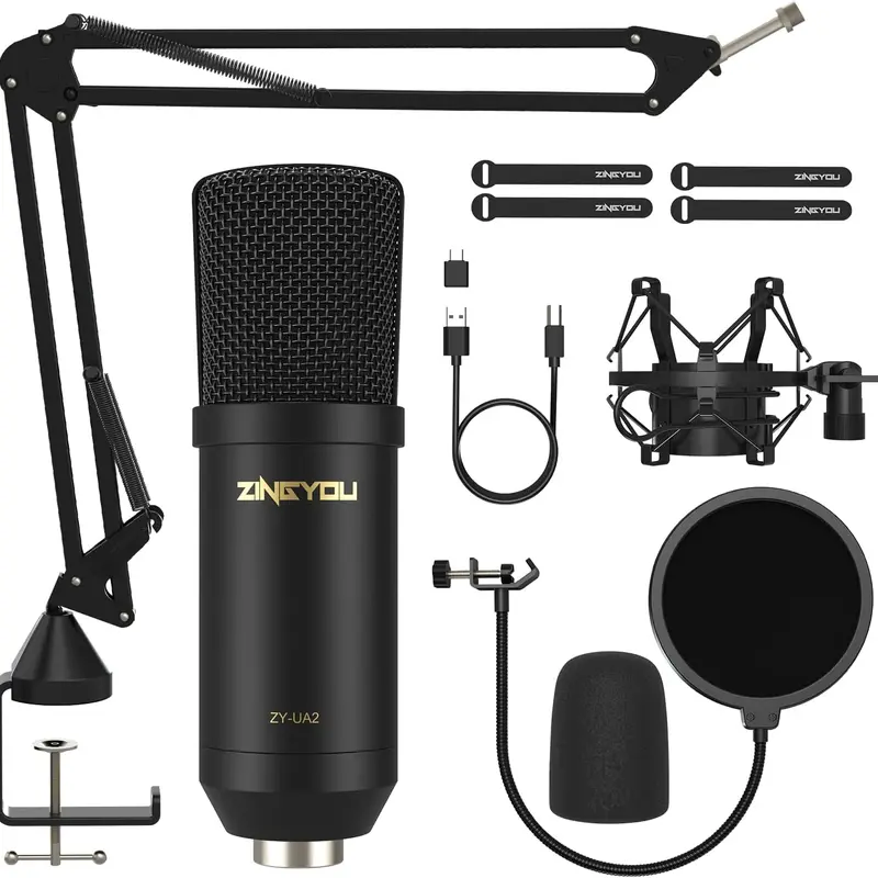 ZINGYOU USB Condenser Microphone, 96KHz/24Bit Plug & Play Cardioid Computer Mic Kit for PC Recording, Gaming, Live Streaming, Voice Over, YouTube, Twitch,with Upgraded Boom Arm, ZY-UA2
