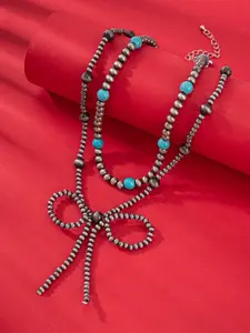 Boho Style Turquoise Beaded Bownot Necklace, Perfect for Women Stylish Accessory, Fashionable Jewelry Accessories