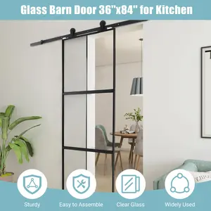 36 inch x 84 inch glass barn door with 6-foot top mounted hardware kit, including soft closing mechanism, metal frame tempered frosted glass sliding door, three window design, easy to assemble