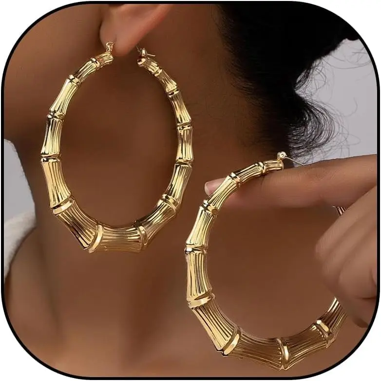 Bamboo Earrings Large Gold Bamboo Hoop Earrings Trendy Hip Hop Chunky Gold Hoop Earring 80s 90s Jewelry Gifts Custom Accessories