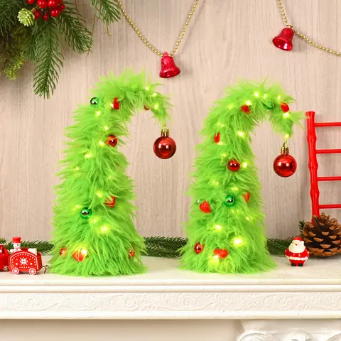 Classic Bendable Green Artificial Tree with Bendable Branches, Mini Ladder, Plush Fur Fuzzy Elf Charm - Space-Saving Reusable Tabletop Ornament, Home Decor Items, Accessory for Indoor Decorate for Christmas Gift