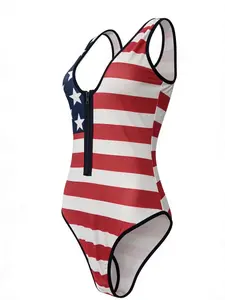 Summer Trendy Sexy Striped V-Neck Flag Logo Jumpsuit Swimsuit B2028, Slim-Fitting Graphic Bikini Set, Women's Fashion Swimwear