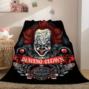 Contemporary Flannel Knitted Throw Blanket with Digital Clown Print - Soft Cozy Multipurpose Halloween Horror Theme Blanket for Couch, Sofa, Office, Camping Travel - All Season Polyester Comfort Gift Blanket