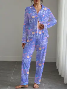 Women's Long Sleeve Sleepwear Set, Starry Sky Print, Elegant Casual, Comfortable Lapel Top & Wide Leg Pants, Holiday Party Wear, Pajama Set