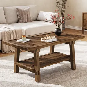 Tribewood 47-Inch Solid Wood Coffee Table, Rustic 2-Tier Center Table, Vintage Brown for Living Room