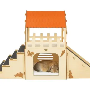Extra Large Bunny Hideout Cozy Rabbit Castle with Fleece Mats, Wooden Indoor Bunny House for Chinchilla Guinea Pig, with Pet Safe Wood Joints