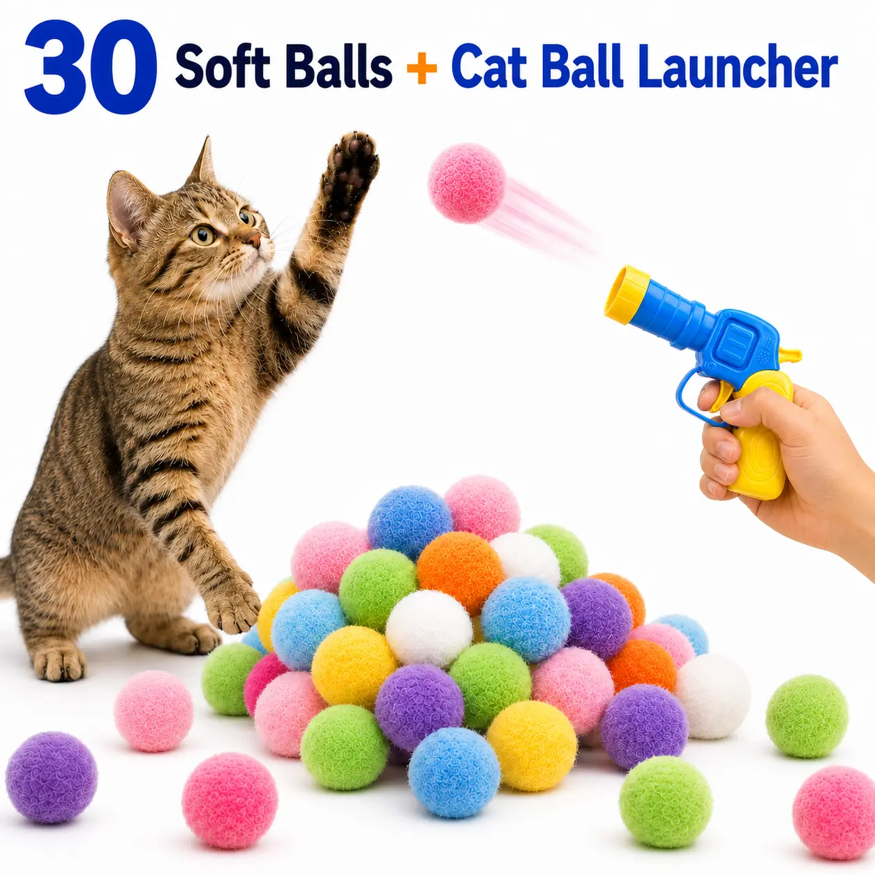 Interactive Cat Ball Launcher with 30 Soft Plush Balls, No Batteries Needed, Indoor Cat Toy for Chasing, Exercise & Boredom Relief, Enhances Bonding for Cats & Kittens