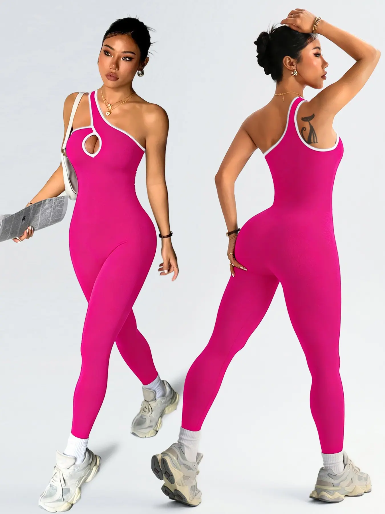 Women's Spring Summer One-Shoulder Colorblock Hollow Out Jumpsuit Pants, High Stretch Comfort Moisture Wicking, Fashion Versatile Yoga Gym Outdoor Sports Workout Jumpsuit Athletic Jumpsuit