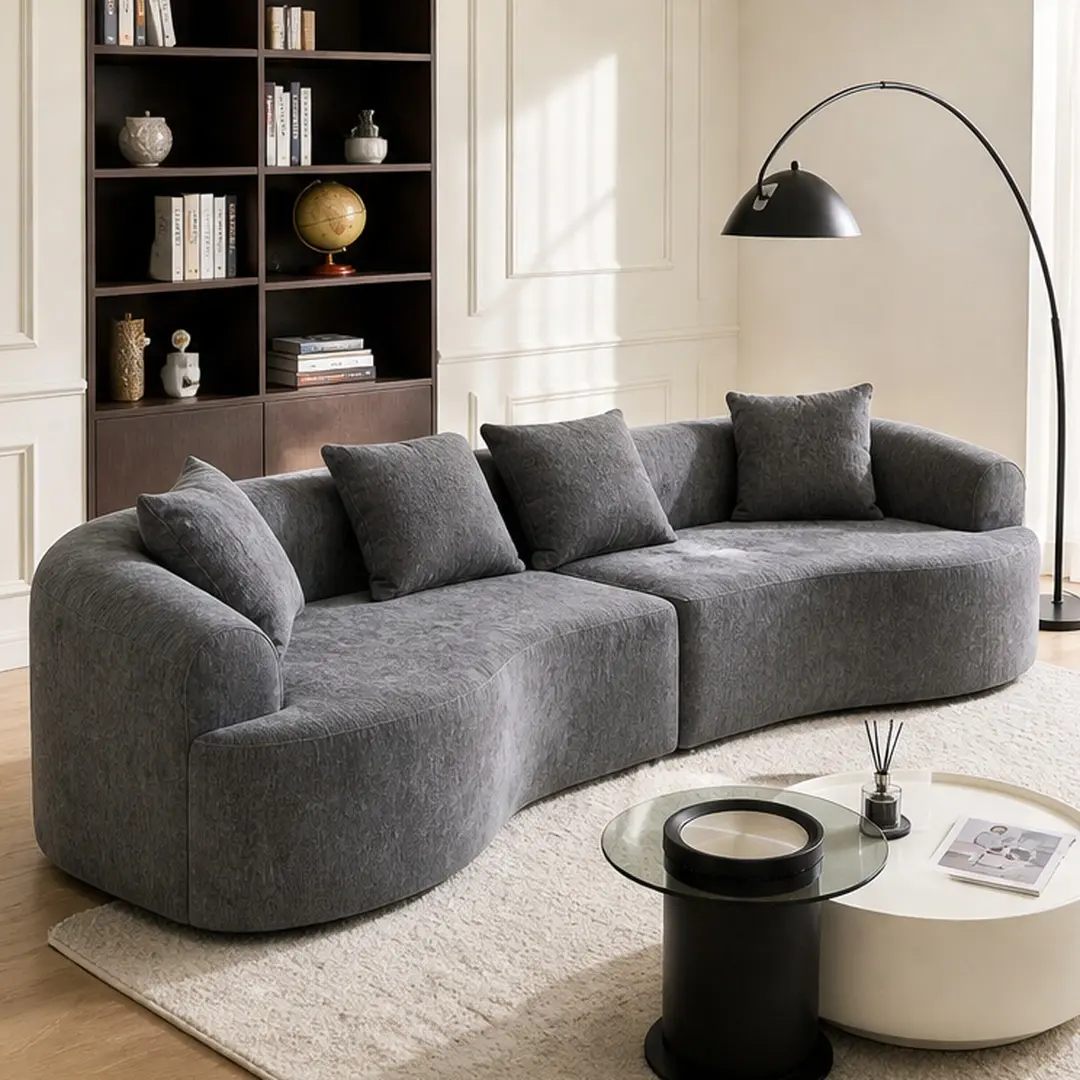 Curved Boneless Modular Sectional Sofa - 106'' Grey Chenille Boneless Couch with High-Density Foam, Spring Support, 4-Seat Medium-Firm Sleeper for Living Room, Multiple Color Options