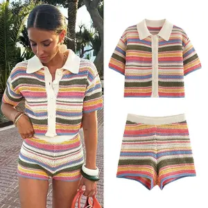 Spring new style crocheted POLO shirt collar knitted top shorts set in color,Gift