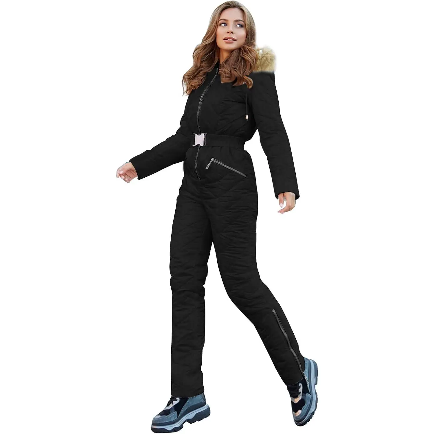 Yousify Women's Winter Ski Suit One-Piece Hooded Fur Collar Jumpsuit Snowsuit Outdoor Sports Coat Waterproof Removable Fur Collar