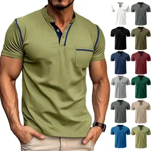 Men's Casual Henley Polo Shirt Short Sleeve - 60% Cotton 35% Polyester 5% Spandex Stretch Blend with Contrast Piping & Chest Pocket, Classic Button Placket Tee for Daily Wear, Weekend Outings - 12 Colors (White/Black/Dark Gray/Green/Navy Blue/Wine Red/Gra