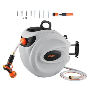 VEVOR Retractable Hose Reel, 84 ft x 5/8 inch, 180° Swivel Bracket Wall-Mounted, Garden Water Hose Reel with 9-Pattern Nozzle, Automatic Rewind, Lock at Any Length, and Slow Return System