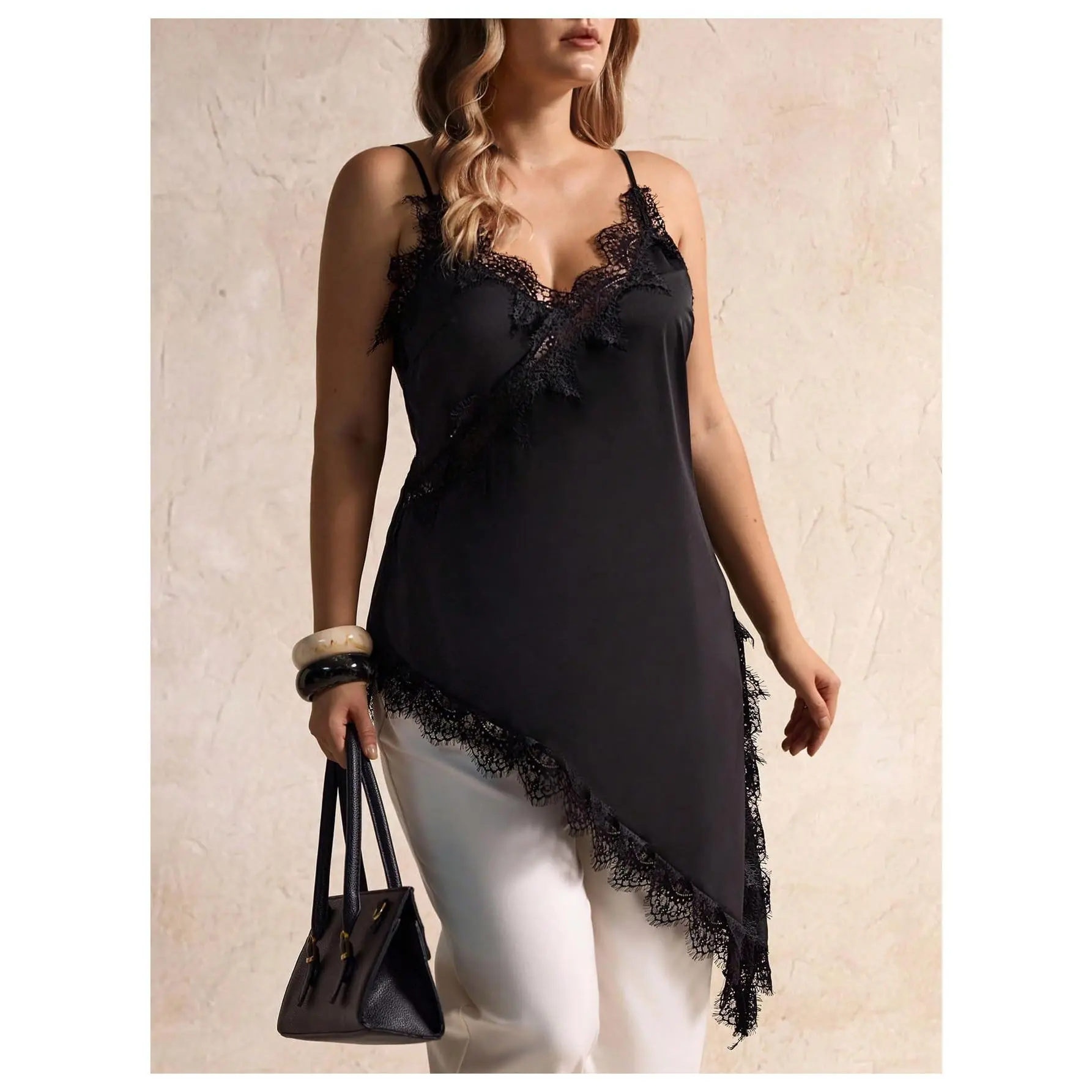 Plus Size Satin Lace Trim Cami V Neck Side Slit Asymmetrical Long Tank Camisole Tops
