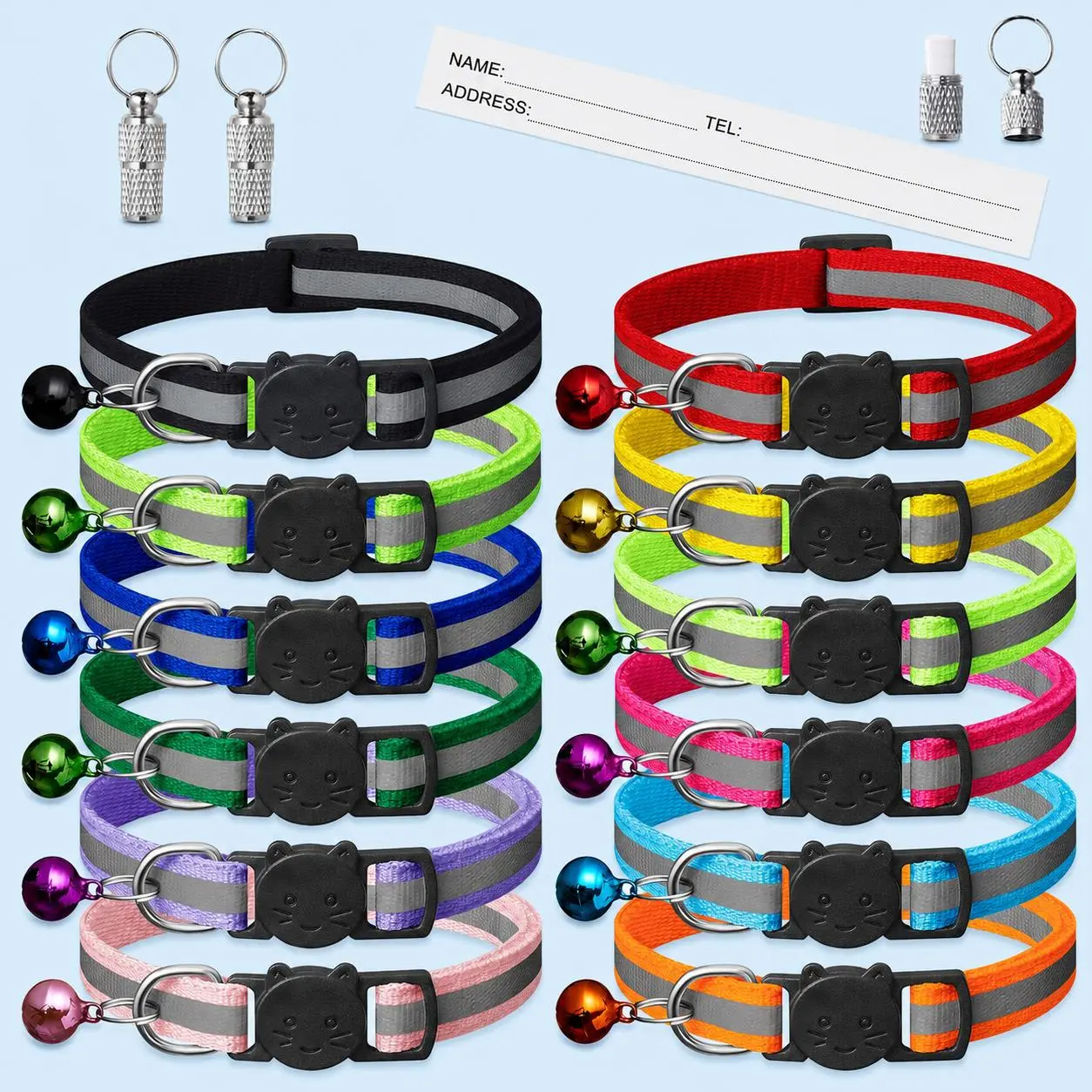 12 Pack Reflective Breakaway Cat Collars with Bells, Adjustable 7.5–12.5 in Nylon Kitten Collars with Safety Release Buckles & 2 ID Tags, Assorted Colors