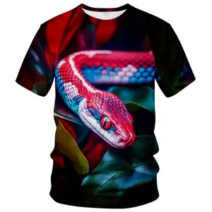 Unisex 3D Vibrant Red Snake with Blue-White Scales & Green Leaves T-Shirt for Snake Lovers Fashion Enthusiasts Daily Street Casual Outings