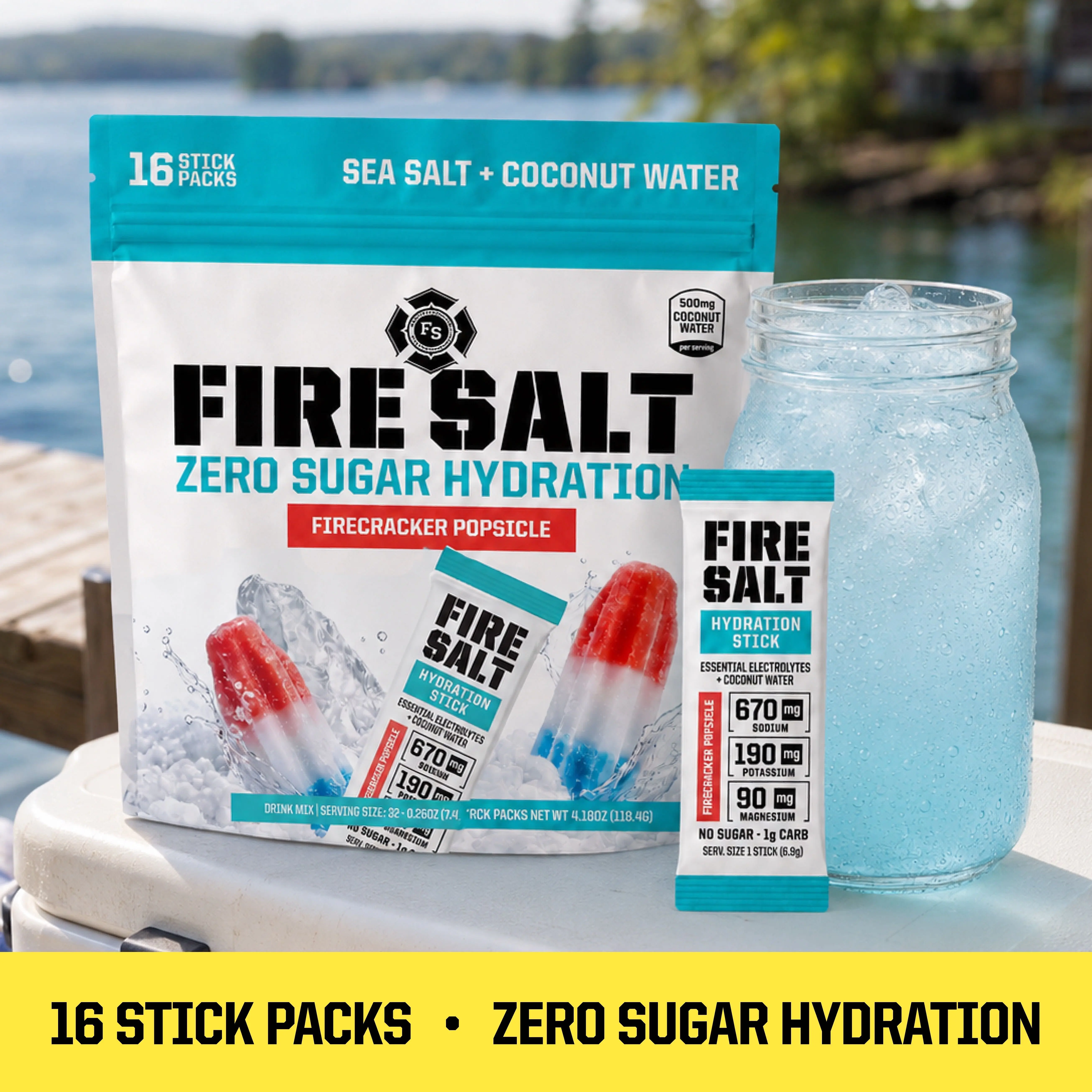FIRECRACKER POPSICLE FIRE SALT Hydration Sticks - Sugar Free - 3x Electrolytes - Coconut Water - Natural Ingredients - Sport Energy Drink Mix - Ideal for Intense Activities - 16 or 32 Ct. Beverage Mix