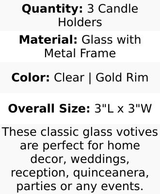3-Pack Glass Tealight Votive Candle Holders 3" Square Cube Design Clear with Gold Metal Frame - Stackable