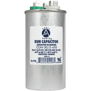 Appli Parts Dual Run Capacitor for ac 30+5 Mfd uF (microfarads) 370VAC or 450VAC CBB65 Round Universal fit for hvac and other applications 4-1/4 in High 2 in Wide CON-30/5-450
