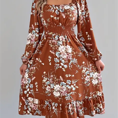 Women's Floral Print Ruffled Bishop Sleeve Dress, Boho Bohemian Aesthetic Fashion Chic Casual Long Sleeve Dress, Casual Dresses for Daily Holiday Vacation Wear, Women Dress for Spring Fall, Feminine, Boho Printed Floral