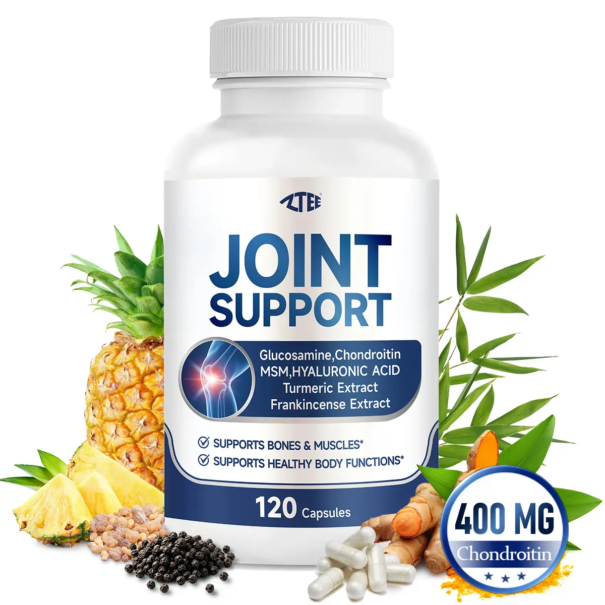 ZTEE Joint Health Support Dietary Supplement, 400 MG Chondroitin & Glucosamine with MSM, Hyaluronic Acid, Turmeric, Frankincense, 120 Capsules for Bones & Muscles Health