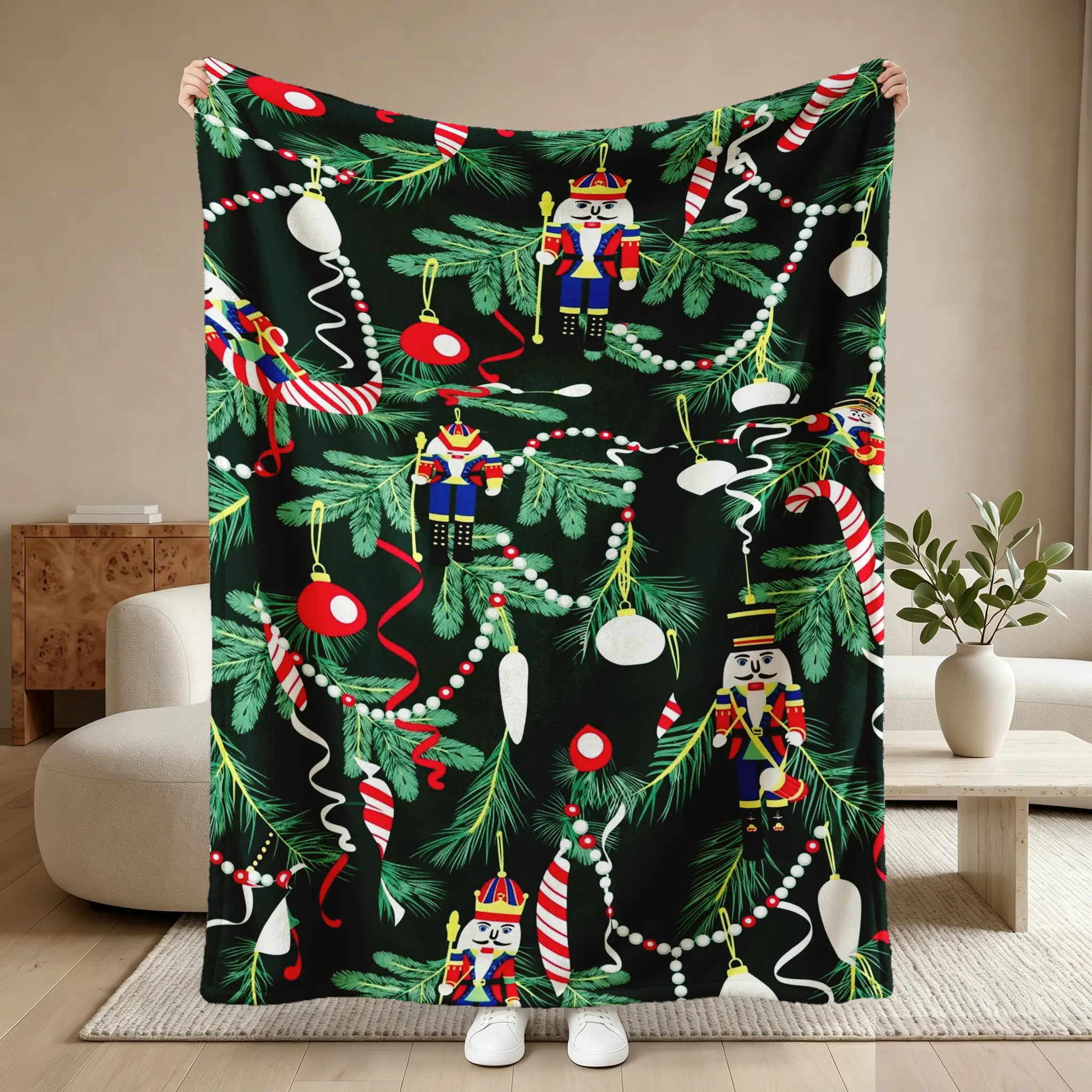 Classic Christmas Nutcracker Flannel Throw Blanket - Vintage Holiday Pine Tree, Candy Cane & Ornament Print, Soft Warm Cozy Couch Blanket for Winter Home Decor Large Napping Family Gift Oversized Holiday Printed Flannel Blanket