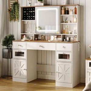 Vabches Farmhouse Vanity Desk with Mirror and Lights,White Makeup Vanity with 5 Drawers & Hidden Storage,Rustic Large Dressing Table with Charing Station & Shelves for Bedroom