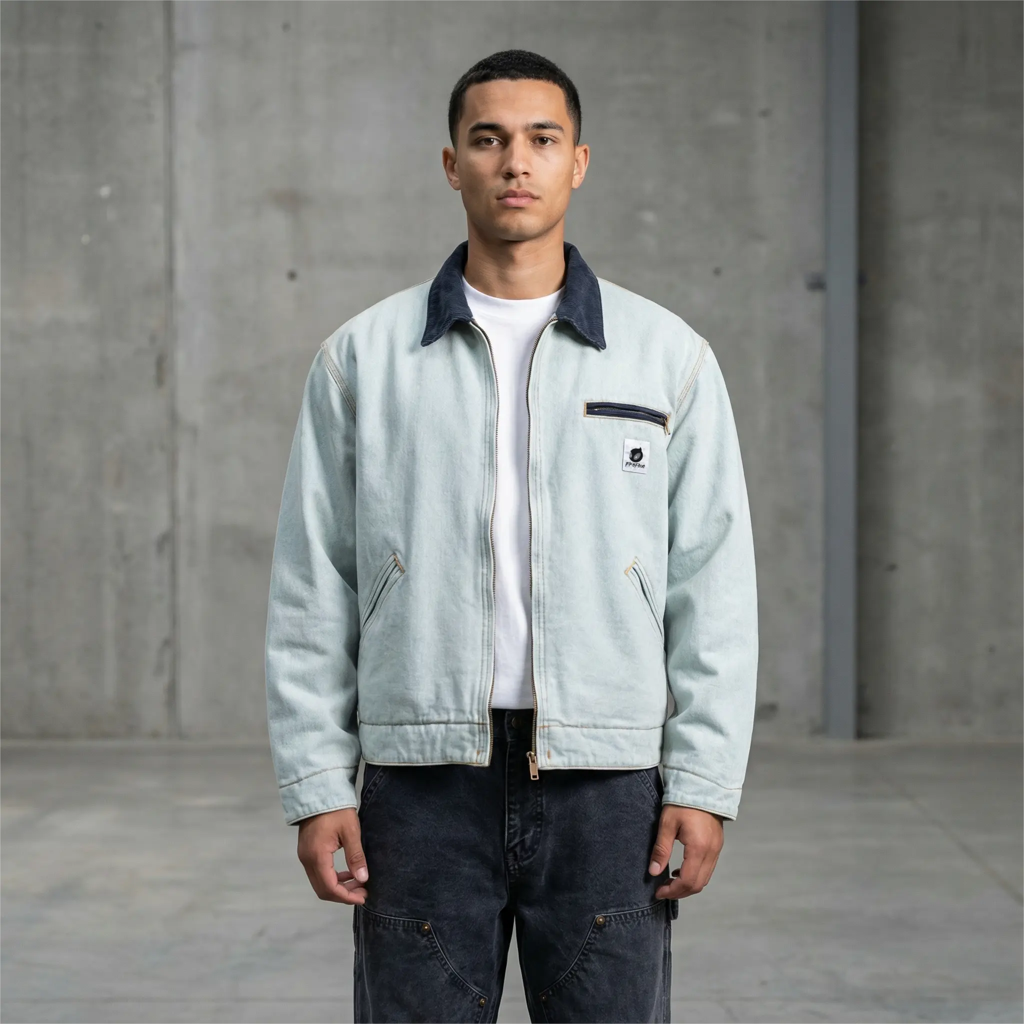 Frofooo Men's Washed Faded Blue Denim Jacket - Cropped Long Sleeves, Relaxed Fit, Soft Cotton, Padded Lining, Vintage Finish, Plain Casual Detroit Streetwear Tops, Winter Warm Minimalist Knitting Outerwear (New Year Style), Coats, Classic