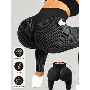 Women's High-Waisted Honeycomb Yoga Leggings with Double Pockets - Stretchy Breathable Running Fitness Pants, Elegant Black and White Plaid Design