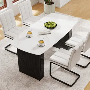 Modern - style rectangular tempered - glass table. Stylish marble - patterned top, dual - pedestal legs (multiple color options). Matching PU leather dining chairs available. Ideal for dining & home offices.