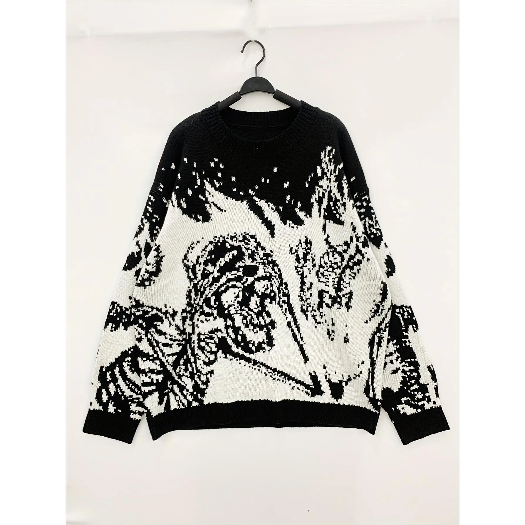 Men's Skeleton Acrylic Knit Pullover - Plus Size (1XL, 2XL) Crew Neck Menswear Tops, Casual Wear for Halloween, Fall/Winter