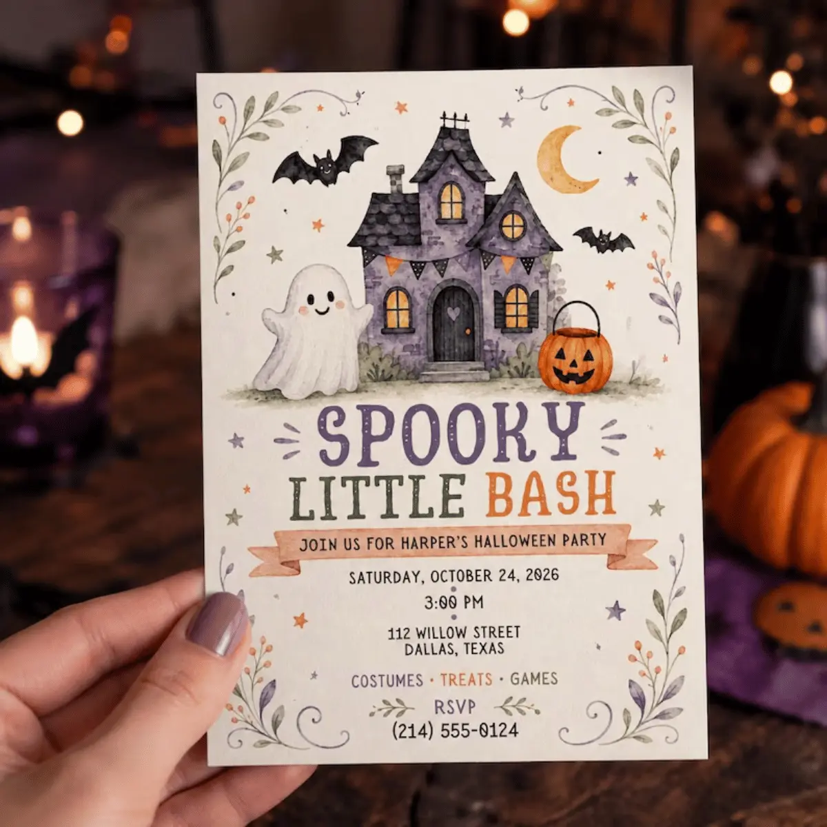 VELMIREL LLC Personalized Haunted House Pumpkin Ghost Printed Kids Party Invitation Card, Spooky Fall Office Stationery Card