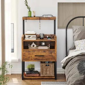 Sikaic Modern Minimal Design LED Nightstand Bedside Table with Drawer Charging Station & Shelf Storage Decorations Bedroom Furniture Brown