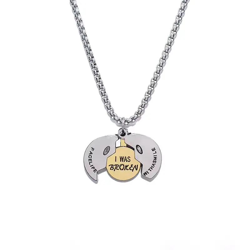 Hip-Hop Necklace Broken Smile Pendant Necklace Sport Hiphop Necklace for Daily Wear Stainless Steel Split Face Smiley Message I Was Broken Streetwear Vibe Unisex Fit