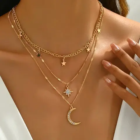 Rhinestone Star & Moon Layered Choker Necklace, Elegant Stackable Jewelry Gift for Her, Perfect for Daily Wear