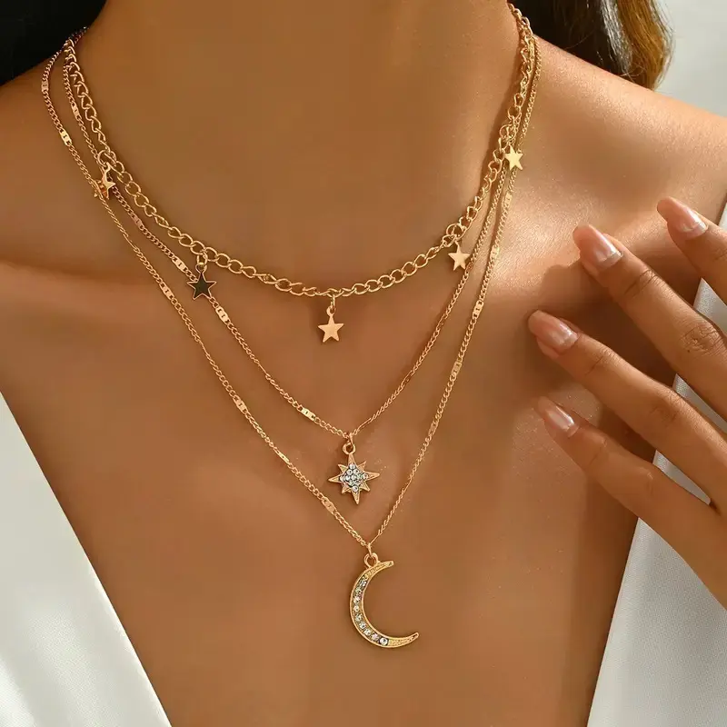 Rhinestone Star & Moon Layered Choker Necklace, Elegant Stackable Jewelry Gift for Her, Perfect for Daily Wear