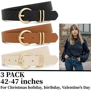3 Pack Womens Leather Belts for Jeans Dress Pants Fashion Plus Size Ladies Black Waist Belt with Gold Buckle