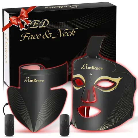 LuxRenew 2-in-1 Adjustable Red Light Therapy LED Face & Neck Mask Set with Controller - Dual Wavelengths 630nm Red, 850nm Near-Infrared, 5 Gears, Rechargeable Battery, Charging Cable, Portable for Home, Travel