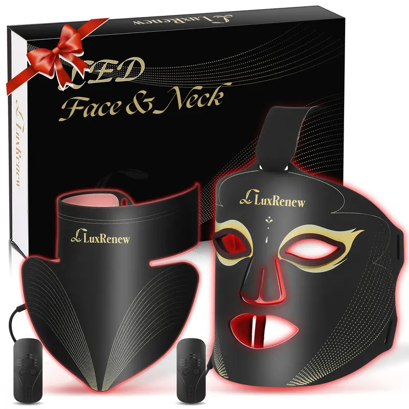 LuxRenew 2-in-1 Adjustable Red Light Therapy LED Face & Neck Mask Set with Controller - Dual Wavelengths 630nm Red, 850nm Near-Infrared, 5 Gears, Rechargeable Battery, Charging Cable, Portable for Home, Travel