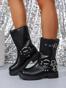 Women's Modern Fashion Square Toe Boots with Buckle Strap, Trendy Durable Design, Comfortable & Elegant Style for Daily Wear