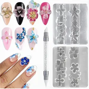 3pcs Silicone Nail Art Molds, 3D Flowers Nail Charm Molds with Carving Pen, Hibiscus & Cherry Blossom Designs, Resin Epoxy Professional Supplies, Flower Nails