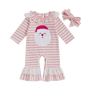 Newborn Baby Girl Christmas Santa Claus Striped Romper Overalls Ruffled Collar Long Sleeve Jumpsuit Onesie Bodysuit Outfit