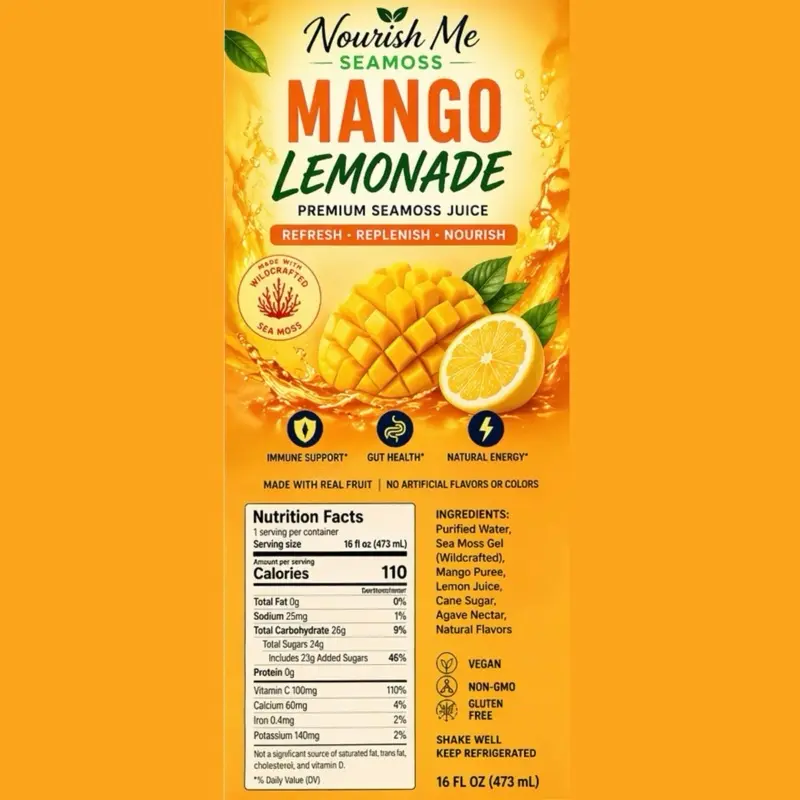 Nourish Me Seamoss Mango Lemonade "Island Therapy" - 8 FL OZ Classic Lemonade Flavor Beverage with Sunkissed Mangoes & Wild-Crafted Sea Moss - Refreshing Tropical Drink