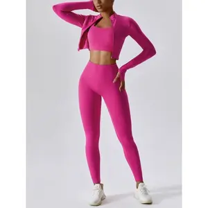 Three-Piece Set for Women Solid Cross  Vest  High-Waisted Leggings  Zipper  Jacket  Set, Comfortable  Gym Workout Running Clothing, ,  Pants, Autumn Clothing,  Yoga Crop and sportswear wet suits check light